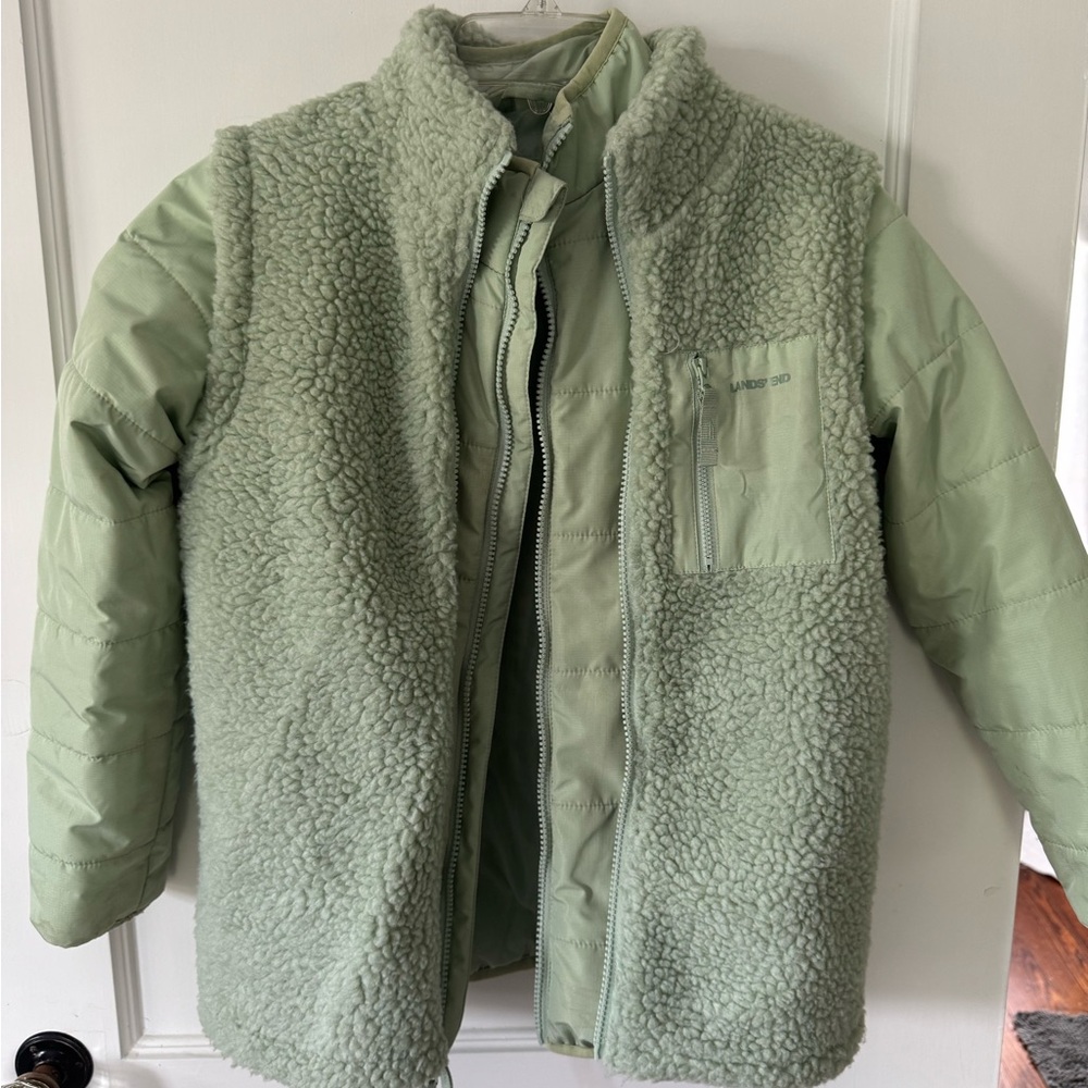 Land’s End Girls Green Jacket & Sherpa Vest
